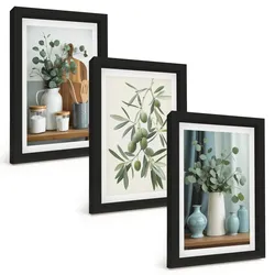 BILDER SET 3er Set - 20x30 cm Schwarzer Rahmen - Grüne Oliven, Eukalyptus