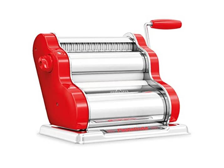 PASTALINDA Classic 200 Pasta Maker Maschine, 20 cm breite Rollen, 9 Dickenpositionen, 2 Schneidpositionen, Edelstahl Inklusive verstärkter Handkurbel und zwei Klemmen (Rot)