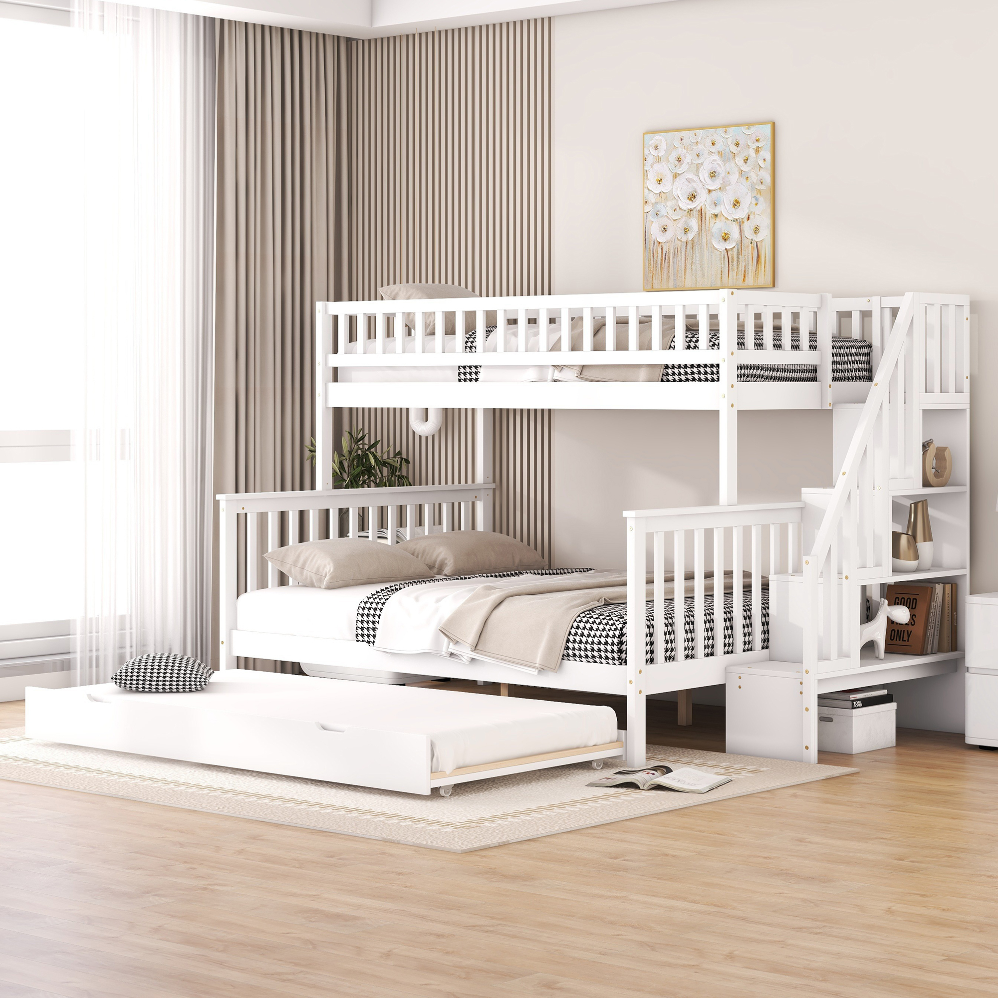 Flieks Etagenbett 90x200cm/140x200cm, Kinderbett mit Rausfallschutz, Hochbett mit Treppe und Ausziehbarem Bett, Massivholzbett mit Lattenrost, Weiß