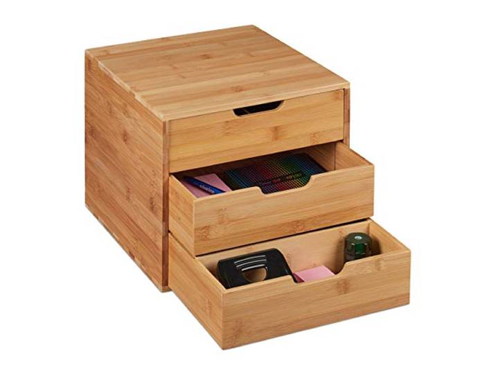 Relaxdays organiseur de bureau\, 3 tiroirs\, pour les ustensiles de bureau\, bambou\, compartiments\, HLP 26x30x31 cm\, nature