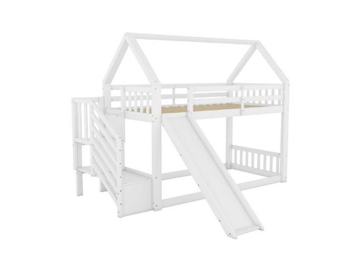 Odikalo Kinderbett Etagenbett Hausbett Stauraumtreppe Rutsche Geländer 90x200cm weiß