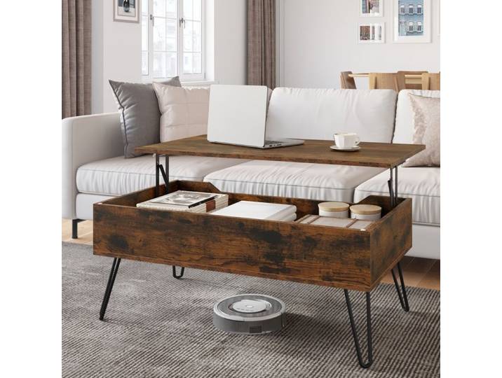 Table Basse WOLTU - Plateau Réglable en Hauteur - Pieds Métal - Effet de Bois brûlé W0ATT0656