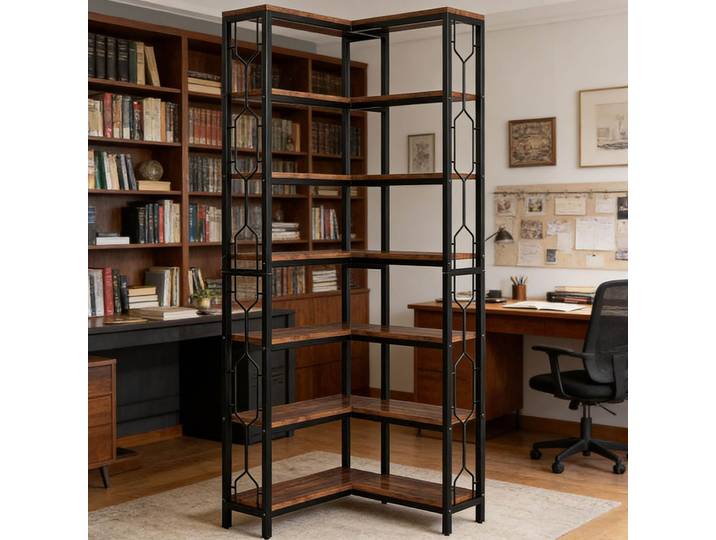 Meubliv Bibliothèque D’angle Industrielle Noire Et Décor Bois\, Étagère Haute 7 Niveaux