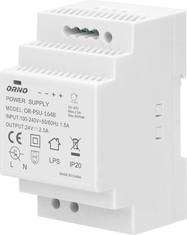 ORNO Voeding voor railmontage, 24VDC, 2,5A, 60W, model OR-PSU-1648