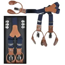 Lloyd Hosenträger marine blau Y Form Holländer 120cm 25mm Lederrückenteil und Laschen in braun mit Knöpfen und Clips