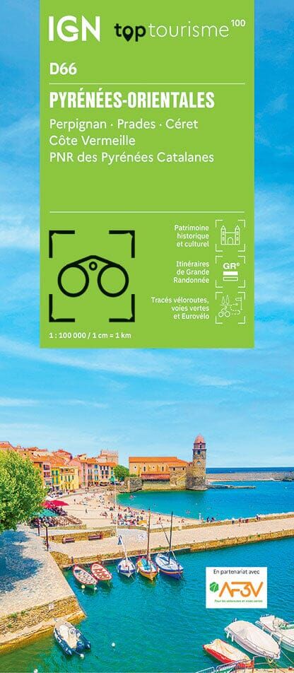 Carte touristique TOP 100 D66 - Pyrénées-Orientales : Perpignan, Prades, Céret, Côte Vermeille, PNR des Pyrénées Catalanes   IGN