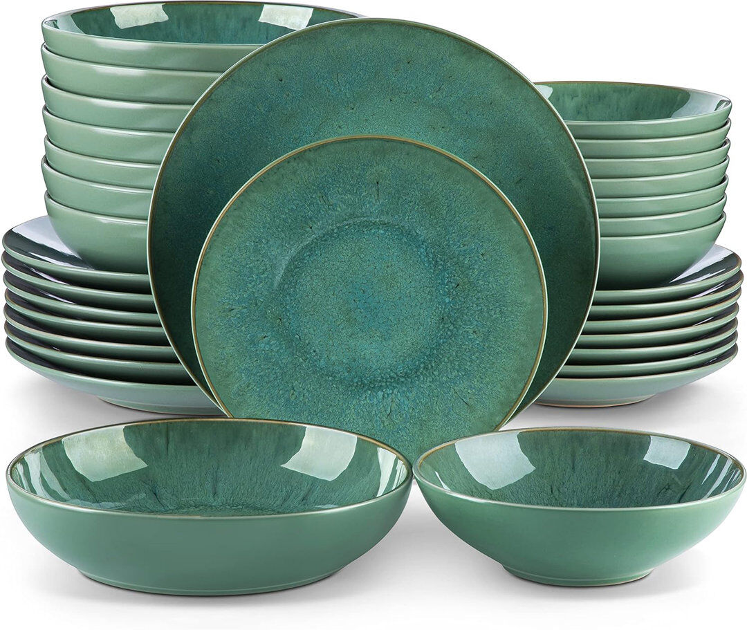 Vancasso 32 Pieces Dinnerware Set, Green Set, Porcelain Dinnerware, Plates And Bowls Set For 8 Person, Dinner Plates, Dessert Plates, Bowls And Soup Plates Green 32