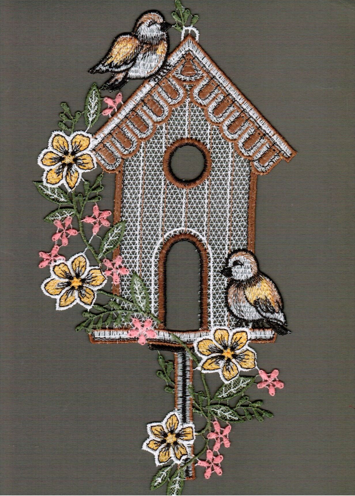 Fensterbild STICKEREIEN PLAUEN "Vogelhäuschen" Gr. 1, bunt (braun, gelb, grün), B:15cm H:30cm, Polyester, Fensterbilder, Fensterbild braun, gelb, grün B/L: 15cm x 30cm