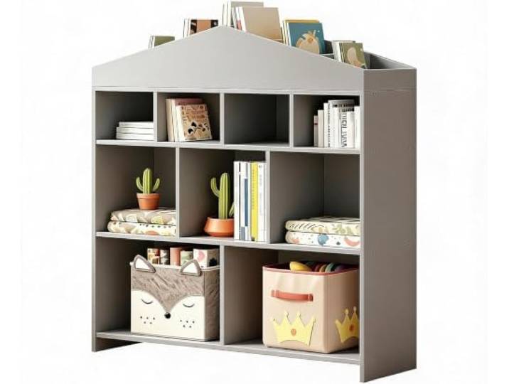 LuxFocus Montessori Kinderregal 9 Fächer Hausform Bücherregal MDF Holz Stabiles Kinderregal mit Kippschutz und viel Stauraum für Bücher, Spielzeug und Kinderzimmer