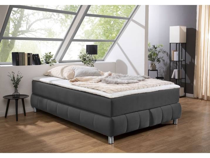 Boxspringbett, Samtoptik, Anthrazit, 146×206 cm, Ohne Kopfteil, Modern, andas