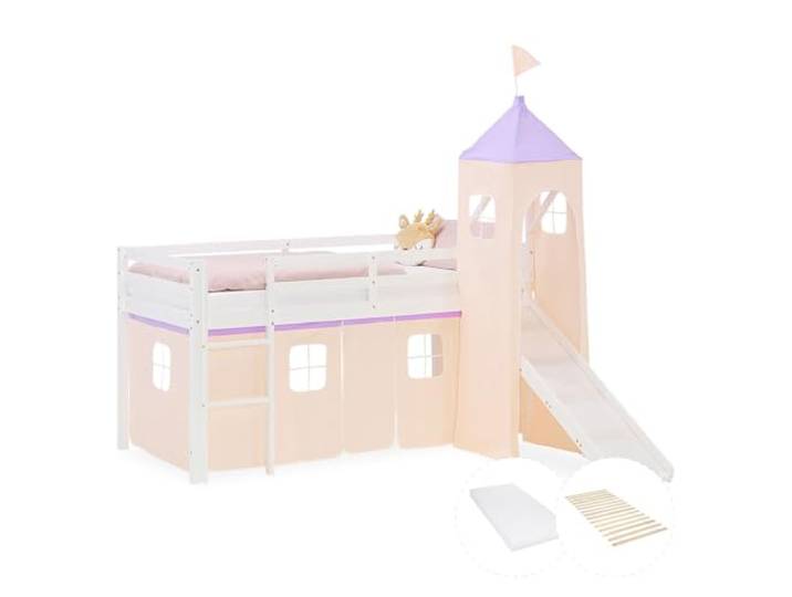 Homestyle4u Hochbett mit Rutsche & Matratze 90x200 cm Weiß, Kinderbett Holz Spielbett aus Kiefer Massivholz inklusive Lattenrost, Turm und Vorhang in Beige Lila, Absturzsicherung, Sicherheitsnorm