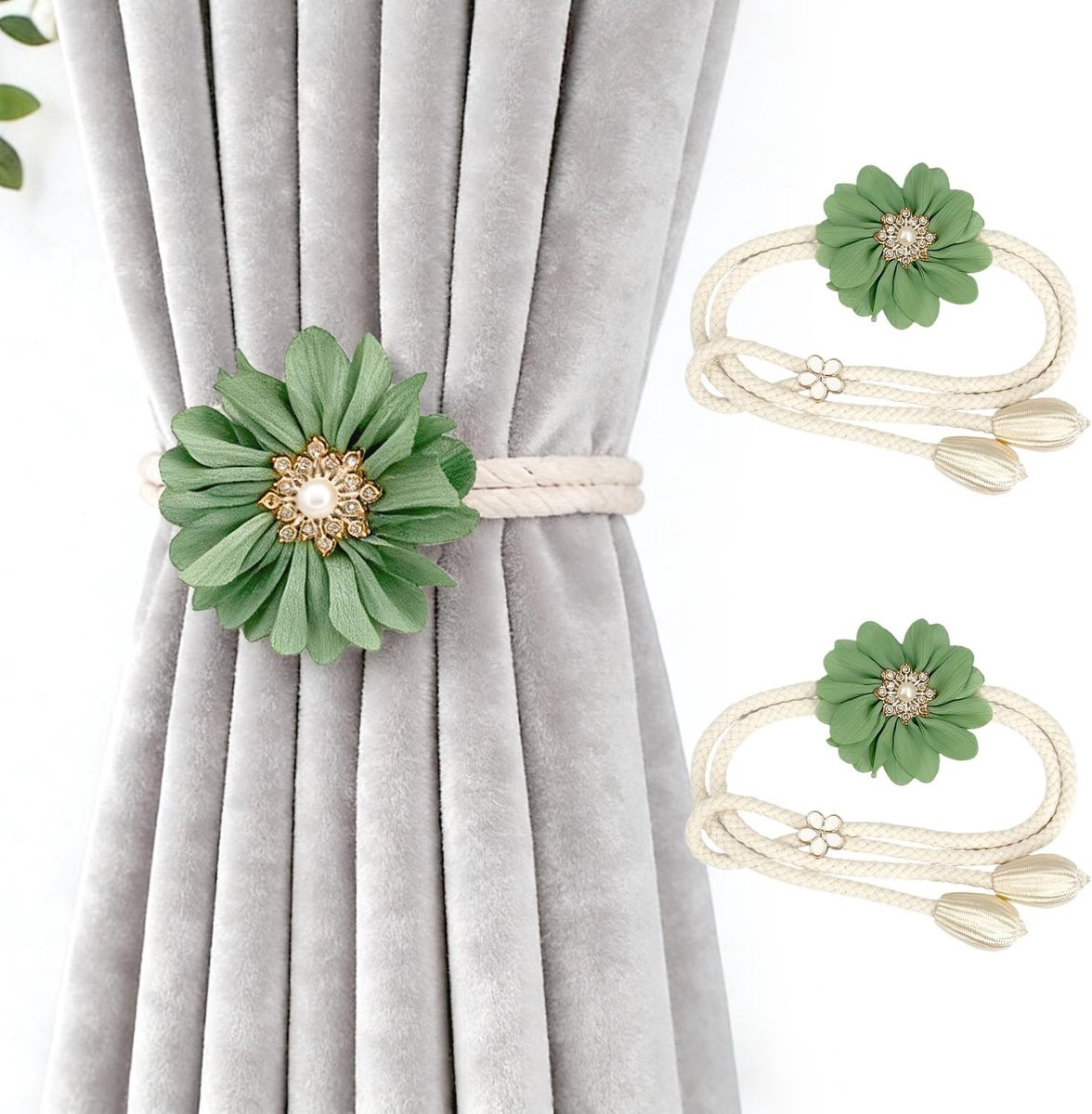 VHV Gordijnclips met 3D-bloemen, Set van 2, Matcha-groen