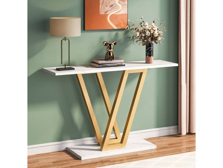 Finmind Table Console 110×30×80 cm Console d'entrée de Couloir Moderne avec Cadre en métal Stable Blanc et Or