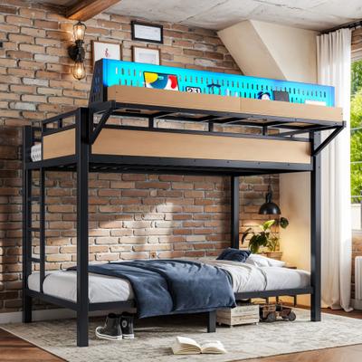 GREATPLANINC Heavy Duty Metal Bunk Bed with Storage Shelves Pegboard USB Ports LED Lights