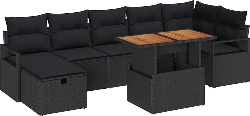Garten-Sofa-Set, 8-teilig, für Terrasse & Garten, aus Poly-Rattan & Akazienholz, Schwarz, 7 Sitzplätze, höhenverstellbar, inklusive Gartentisch