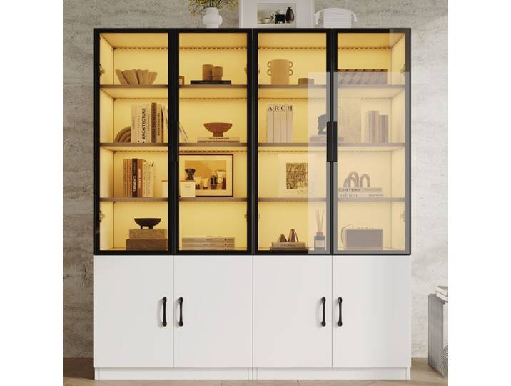 Vitrine avec éclairage LED 120×40×160 cm verre fumé cadre en aluminium 4 portes bibliothèque et buffet multifonction Blanc