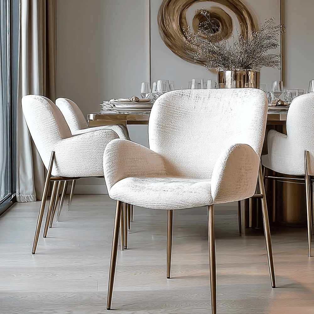 Kendal Off White Chenille Curved Dining Chair with Brass Legs
