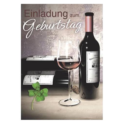 Komma³ Einladungskarte Geburtstag "Weinflasche und Kleeblatt" 5er Beutel (1 Stk.) (51-003)