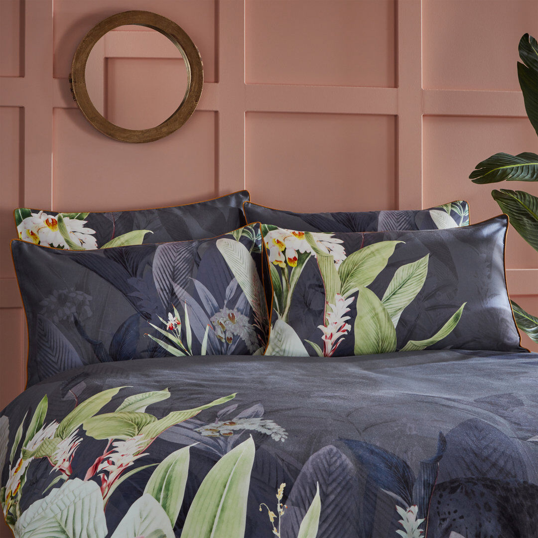 Paoletti Artemis Cotton Floral Duvet Cover Set with Pillowcases Included Grey Double - 2 Standard Pillowcases