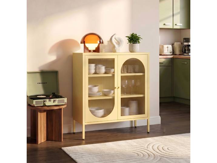 Buffet Industriel En Métal 2 Portes\, Jaune Pastel Et Verre Cannelé 80cm Kurt
