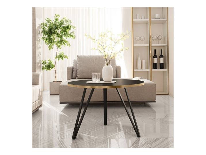 Design Möbel Couchtisch Moderner runder Couchtisch Metall Schwarz Weiß Loft goldener Kante