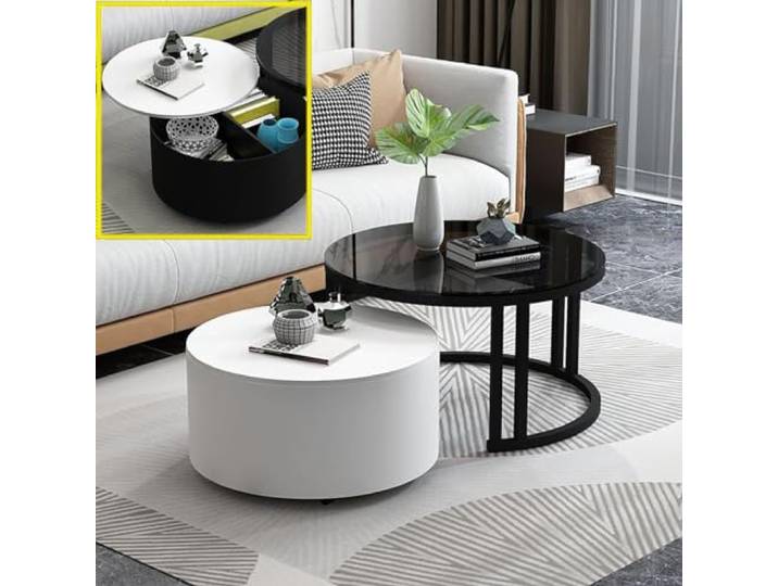2er-Set Zusammensetzbarer Couchtisch, Moderner Runder Couchtisch Mit Stauraum, Zusammensetzbarer Beistelltisch füR Kleine RäUme, Stapelbare Beistelltische mit Glasplatte und Stabil(Color:Black-leg-10)