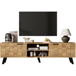 OKWISH TV-Schrank 160x35x45 cm Holzmaserung mit Schranktüren und offenen Fächern, Dämpfungsscharnieren, Saugroboter-freundlich modernes Wohnzimmermöbel