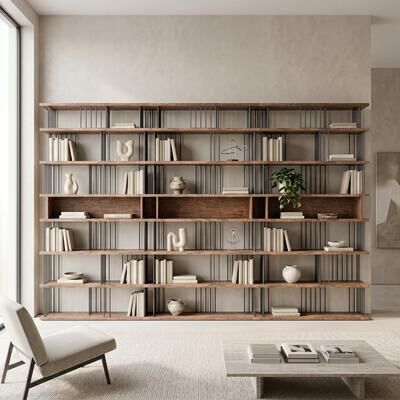 Davee Furniture Extra Tall Industrial Open Bookcase with Wood Shelves and Black Metal Frame - 141.72'' x 96.85'' x 11.8''