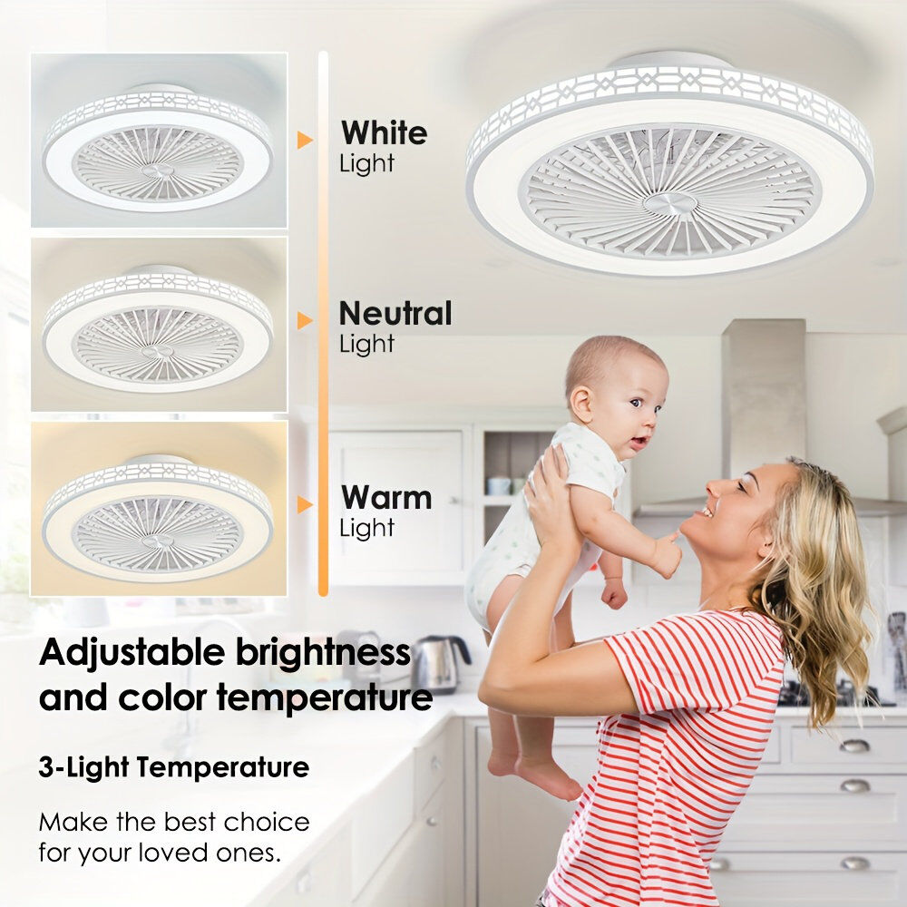 Brayden Studio Ceiling Fan With Lights, 48CM Low Profile 6 Speeds Reversible Bladeless Ceiling Fan, Led Dimmable Quiet Timing Flush Mount Bedroom Fan Light For Livi White