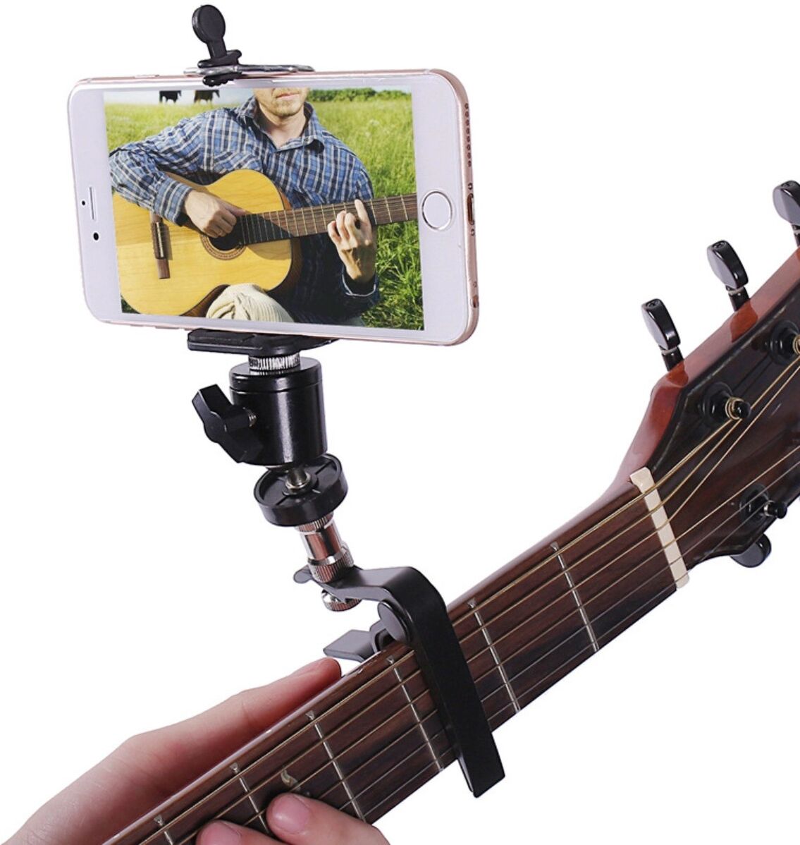INF Clip-On Kapo und Handyhalter für akustische, klassische, E-Gitarre & Bass – ABS Schwarz, verstellbarer Neigungswinkel,