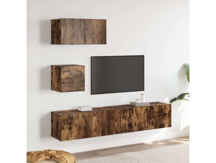 HEFZGDB 4-TLG. TV-Schrank-Set Räuchereiche Holzwerkstoff mit Wandmontage und viel Stauraum für Multimedia