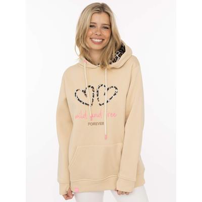 Hoodie ZWILLINGSHERZ "FOREVER wild", Damen, Gr. S/M, beige, Sweatware, Obermaterial: 50% Baumwolle, 50% Polyester, Sweatshirts Hoodie, zwei gestickte Herzmotive, Leo-Design, Kapuze, Kängurutasche