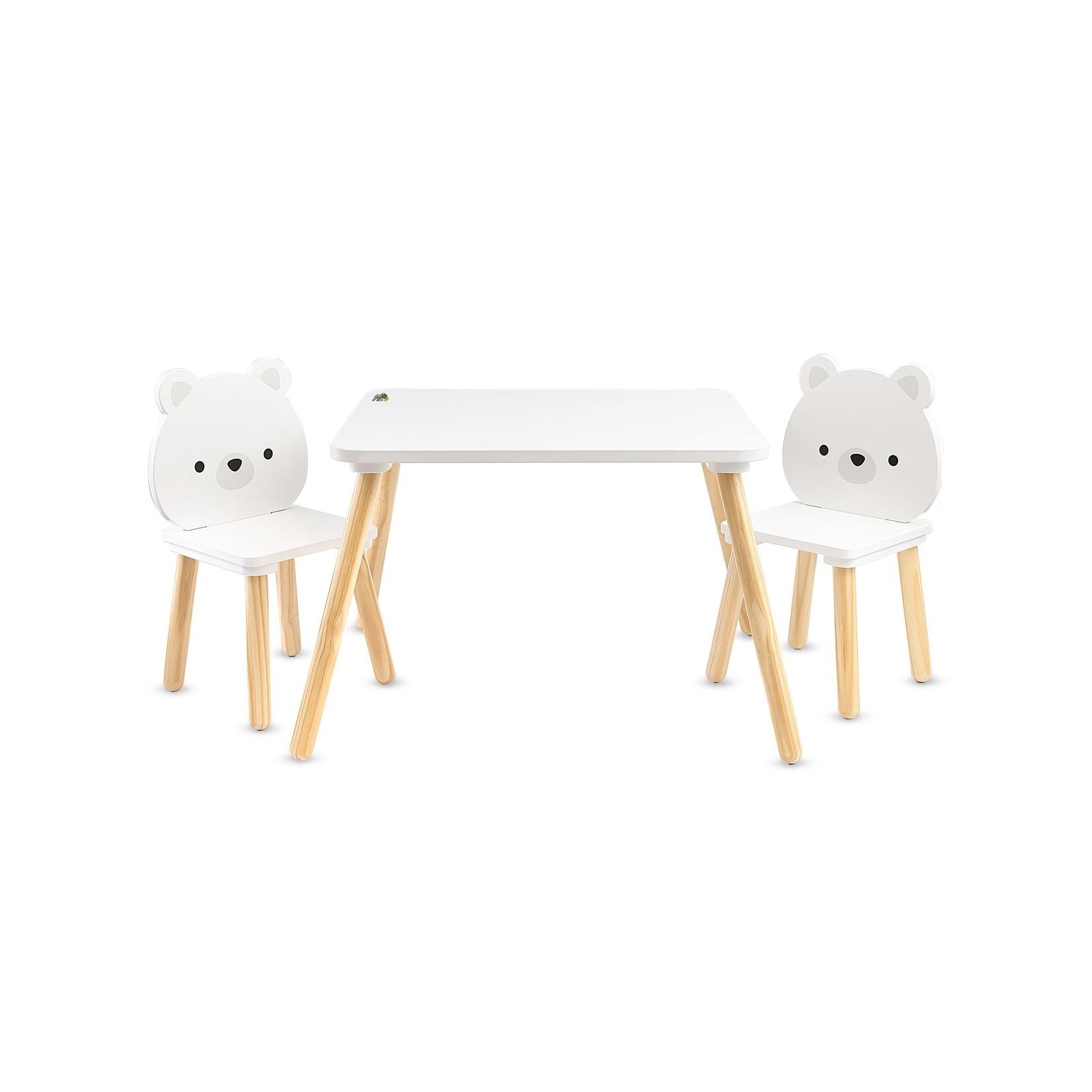 Moni Kinder Tischset 2 Stühle weiße Bären Holz, Spieltisch, Kinderzimmermöbel weiß