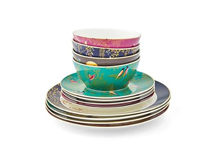 Sara Miller SMC79243-XD London Chelsea Collection Geschirr-Set, Porzellan, Gold, Weiß, 12-teilig
