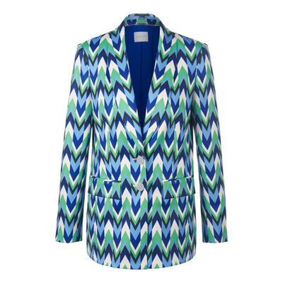 Jackenblazer MADELEINE "Blazer Bedruckter Blazer mit Schalkragen", Damen, Gr. 36, blau (royalblau, multicolor), Obermaterial: 95% Polyester PES. 5% Elasthan EL., Modern, normal, Blazer