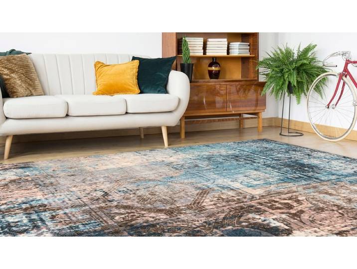 Teppich ARTE ESPINA Indiana 300 , blau (blau, braun), B:80cm H:10mm L:150cm, Baumwolle, Teppiche, Teppich, Vintage-Look, Verstärkung durch Canvasrücken,Fussbodenheizung geeignet