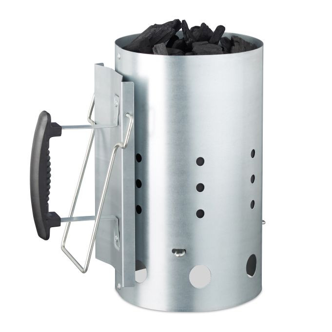 Relaxdays Brikettenstarter XL BBQ Starter van Verzinkt Staal, Zilver en Zwart, H x Ø: 30 x 19 cm