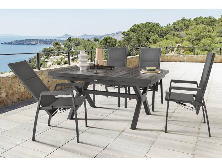 Garten-Essgruppe DESTINY COSTA GARDA 4 HL + Ausziehtisch 160/210x100cm, anthrazit , grau (anthrazit), Synchron-Auszug, Sitzmöbel-Sets, Garten-Essgruppe, Aluminium, Textilene, Keramikplatten