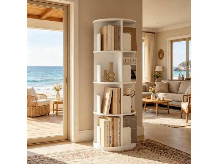 ELVORIN Bibliothèque rotative blanche 4 niveaux 16 compartiments 44 x 44 x 126 cm