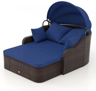 Costway Patio PE Rattan Daybed with Retractable Canopy and Soft Cushions-Navy