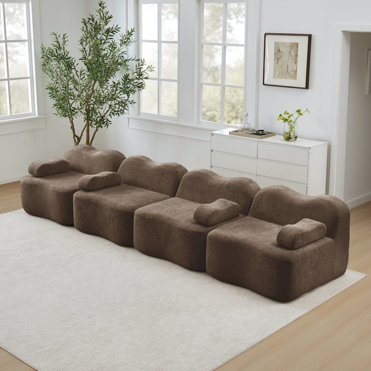 FloraGrace Hoekbank 4-Zits - Modulair Golfdesign - Bruin Fluweel