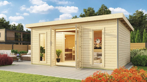 Saunahaus Karibu Sainburga 4 Set B inkl. 9 kW Ofen u.ext. Steuerung mit Vorraum, Fenster und Holztüre mit Klarglas