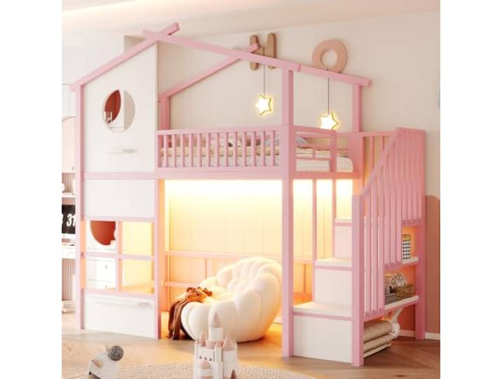 I0I&I0I Eisenhochbett Hausdesign mit Schutzgitter – Treppe, Stauraumregal und sicherer Schlafplatz (Pink+White + Metal)
