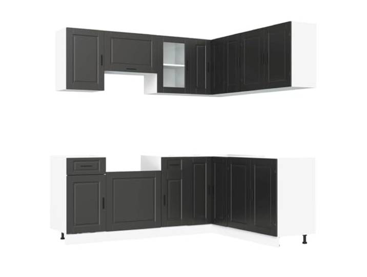 HKTMGDNG 11-tlg Küchenschrank-Set Porto Schwarz Holzwerkstoff Modulare Küchenzeile mit Hängeschränken und Eckunterschrank für optimale Raumnutzung in Ihrer Küche.