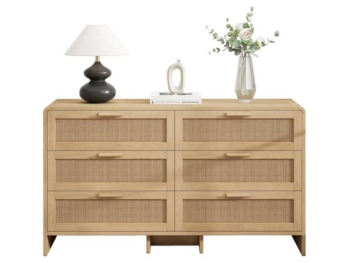 Commode 6 tiroirs Commode Chambre Meuble de Rangement Commode en rotin pour Chambre à Coucher Salon entrée 130x40x74cm naturel