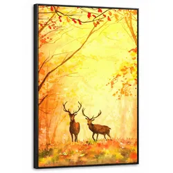 LEINWAND Bilder mit Rahmen - Natur - Ölfarbe - Hirsche - Tiere - Herbst - Orange - 60x90