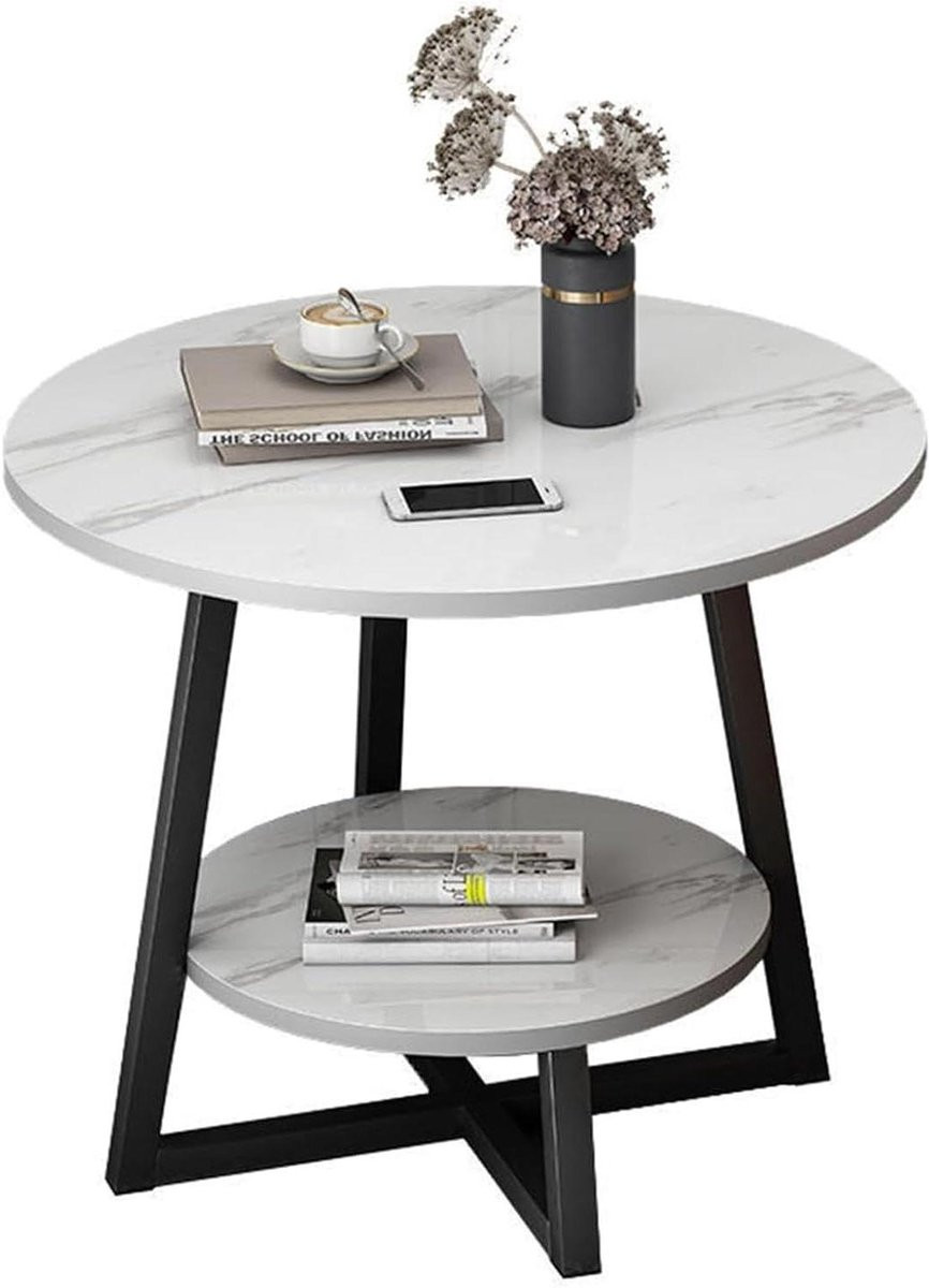 Ronde bijzettafel met marmeren accent en twee niveaus opslag - Wit - Diameter: 40 cm