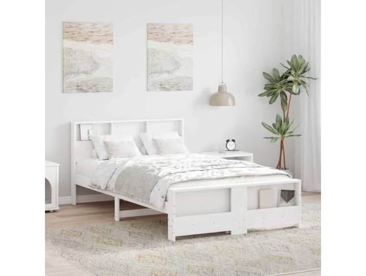 Modernes Plattform Design Kiefernholz Stilvolles Schlafzimmer Weiß 140 x Bettrahmen mit Kopfteil Weiß 140x190 cm Holzwerkstoff Massivholz Kiefer Stabiler Lattenrost Modernes Design Schlafzimmer