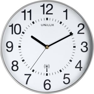 Unilux Wanduhr Maxi Wave, Kunststoff, analog, Funkuhr, Ø 37,5 cm, silber