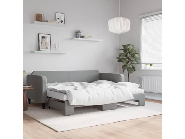 RJPLMFV 2-in-1 Tagesbett mit Ausziehbett, 90 x 200 cm, Hellgrau Schlafsofa, Schaumstoffmatratze, Struktur aus Holz und Metall, langlebiger Stoff